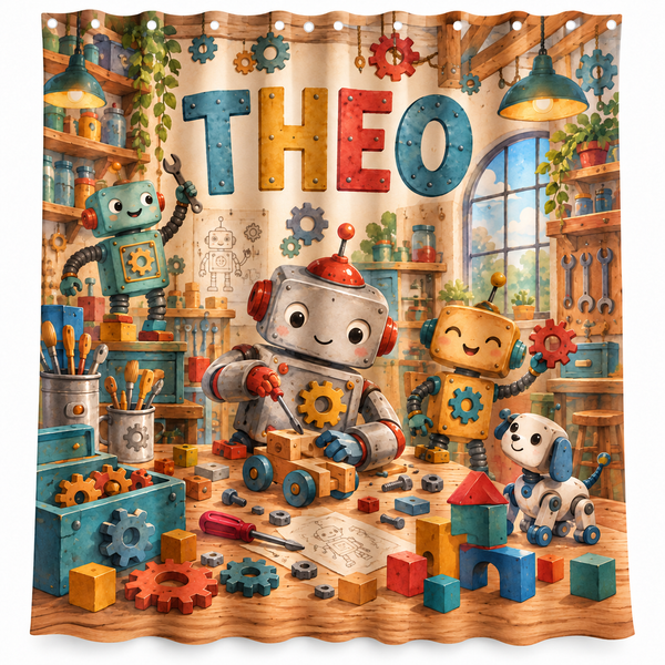 Personalized robot workshop kids shower curtain with the name Theo