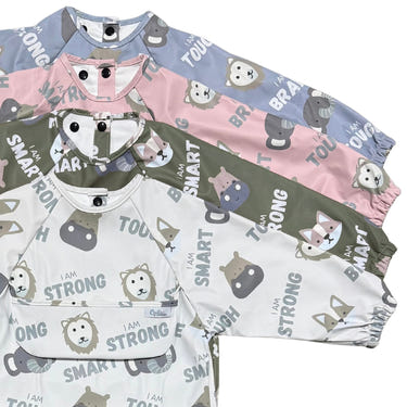 Grayson Long Sleeve Bib featuring Affirmation Animals design for babies, perfect for mess-free mealtime.