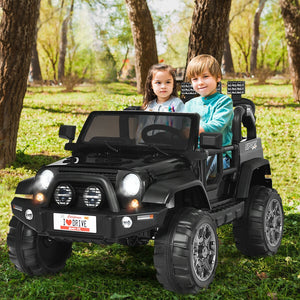 12V 2-seater ride-on car truck with remote control and storage, perfect for kids' outdoor fun. Angle 17 view.