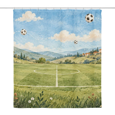 Open Soccer Field shower curtain, full front view of the 71 x 74 in fabric curtain