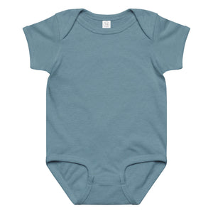 Personalize the embroidered bodysuit, vintage indigo / white thread: type the name and birth date
