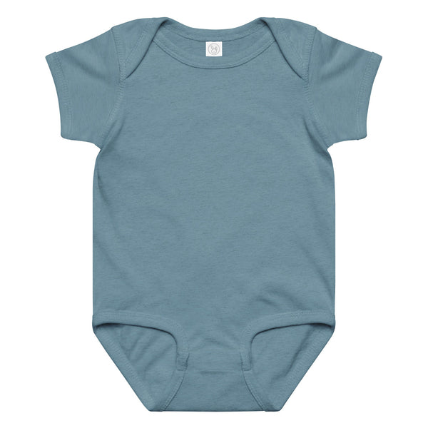 Personalize the embroidered bodysuit, vintage indigo / white thread: type the name and birth date