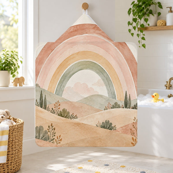 Big Rainbow Meadow kids hooded bath towel hanging in a kids bathroom