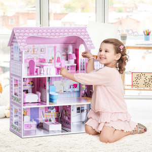 28 Inch Pink Dollhouse with Furniture - Indoor & Outdoor for Kids