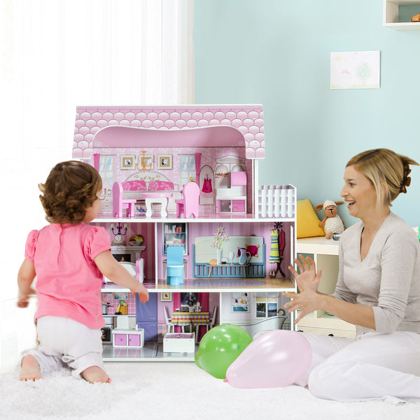 28 Inch Pink Dollhouse with Furniture - Indoor & Outdoor for Kids