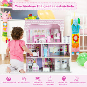 28 Inch Pink Dollhouse with Furniture - Indoor & Outdoor for Kids
