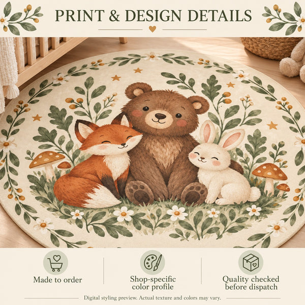 Woodland Friends rug print details: made to order and checked before dispatch