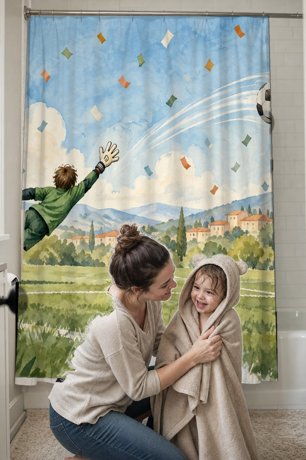 Goalkeeper Save Soccer shower curtain, full front view of the 71 x 74 in fabric curtain