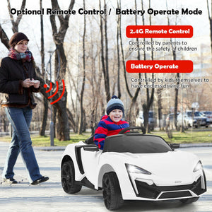 12V 2.4G RC electric vehicle for kids with lights, angled view showcasing its design and features.