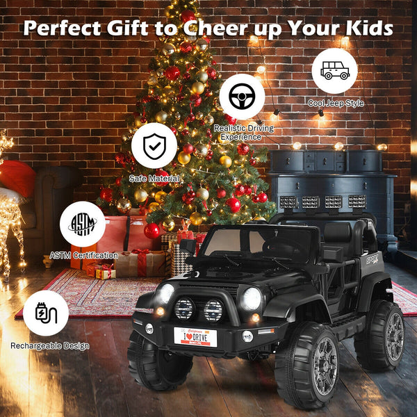 12V 2-seater ride-on car truck with remote control and storage, perfect for kids' outdoor fun.