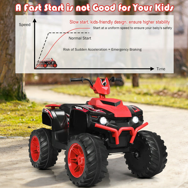 12V Kids Ride-On ATV with LED lights, treaded tires, and a dynamic 30-degree angle view for fun outdoor adventures.