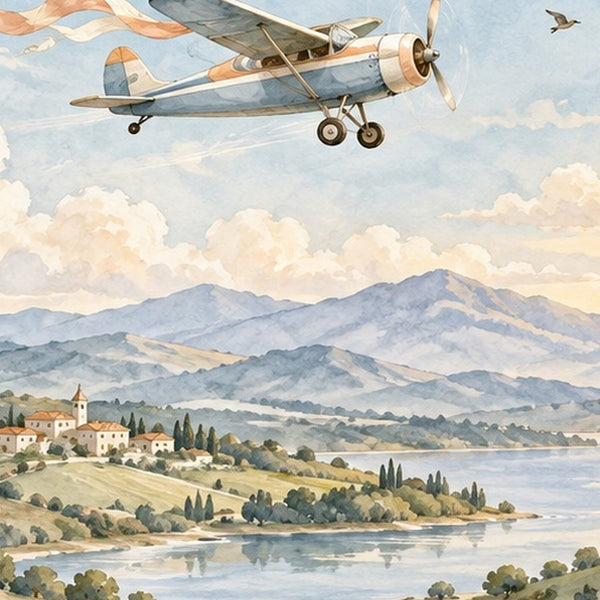 Balloon and Plane shower curtain, close up of the watercolor artwork