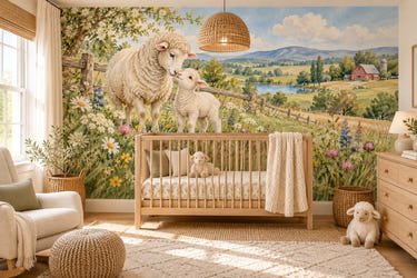 Watercolor Lamb Meadow Farm Wall Mural, image 1