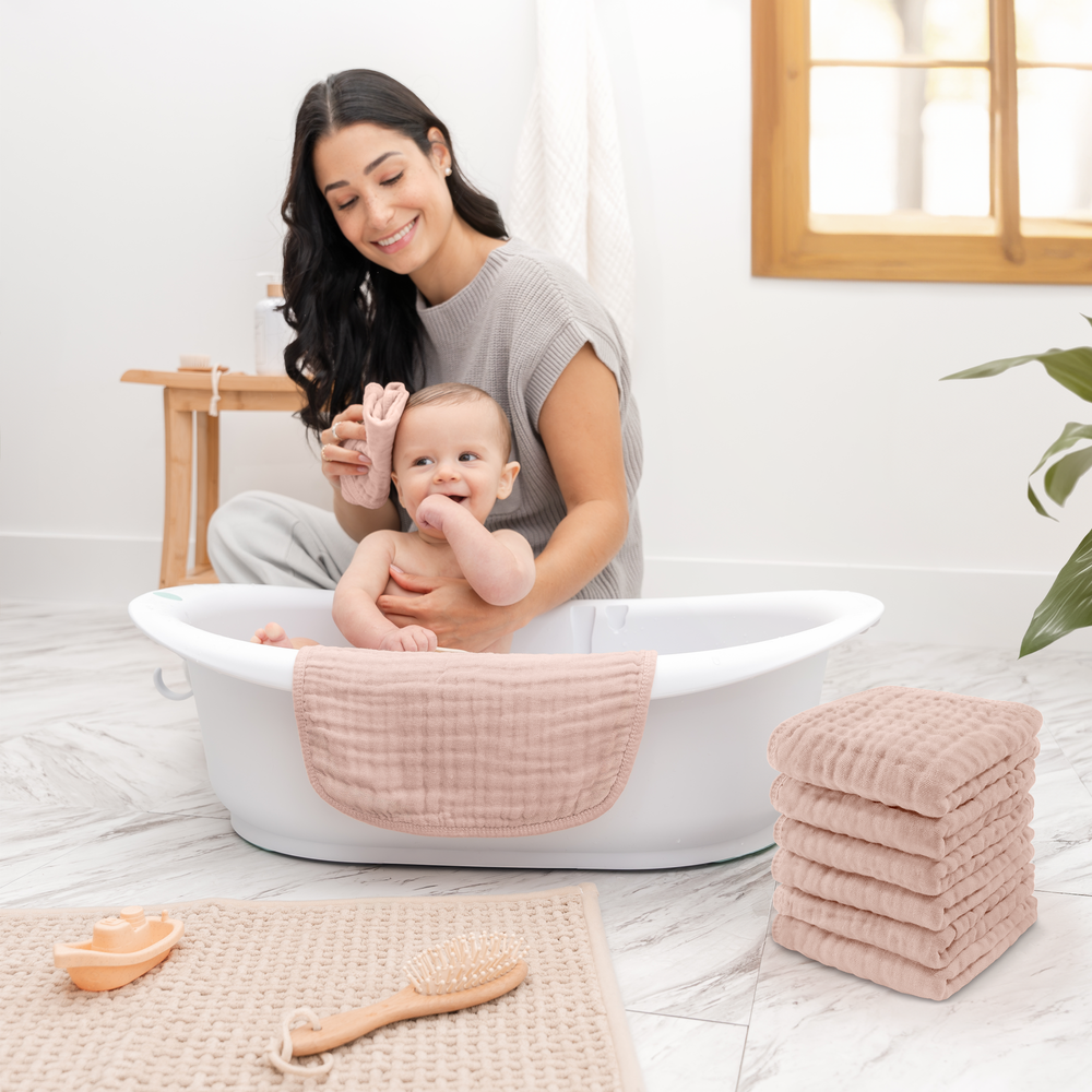 Blush muslin washcloths for babies, soft and gentle for delicate skin, perfect for bath time and everyday use.