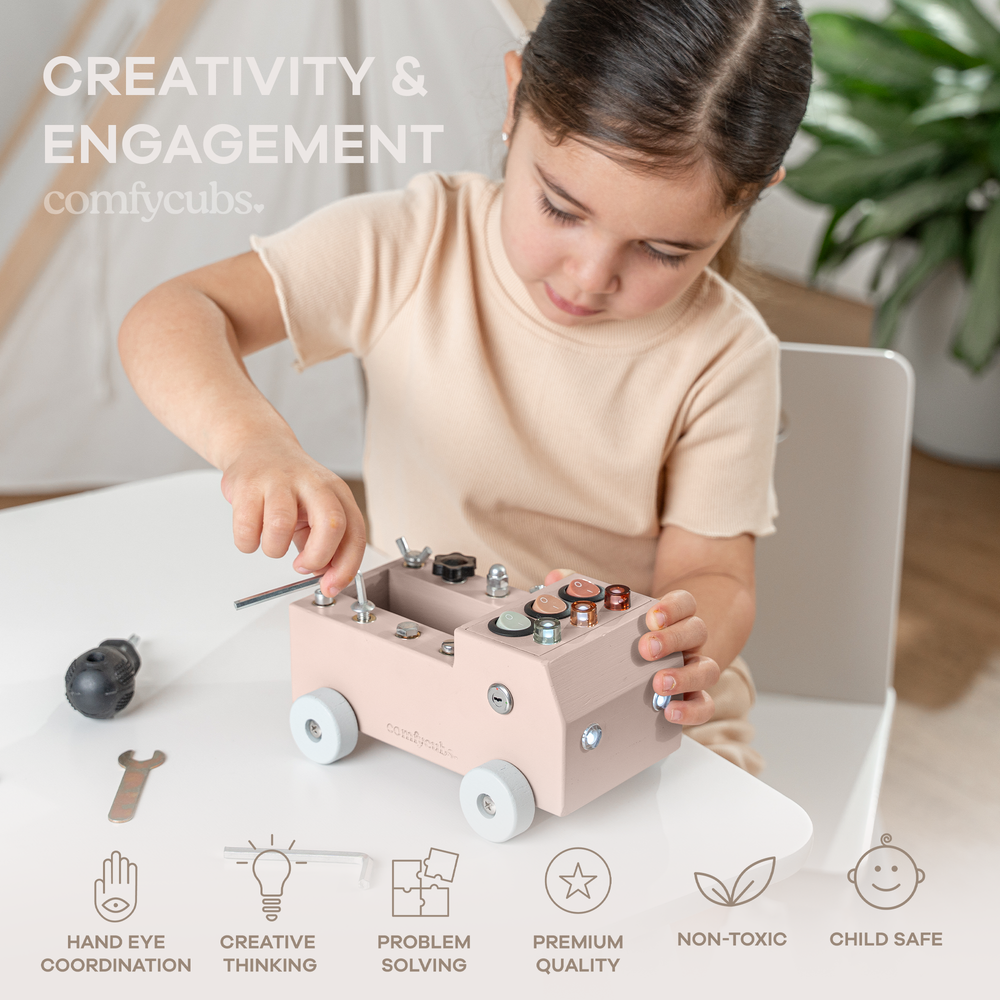 Blush Busy Board Toy Truck Set for 3+ | Early Learning & Sensory Play for toddlers.