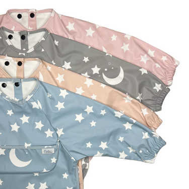 Grayson Long Sleeve Bib in Starry Night design, perfect for keeping babies clean during mealtime.