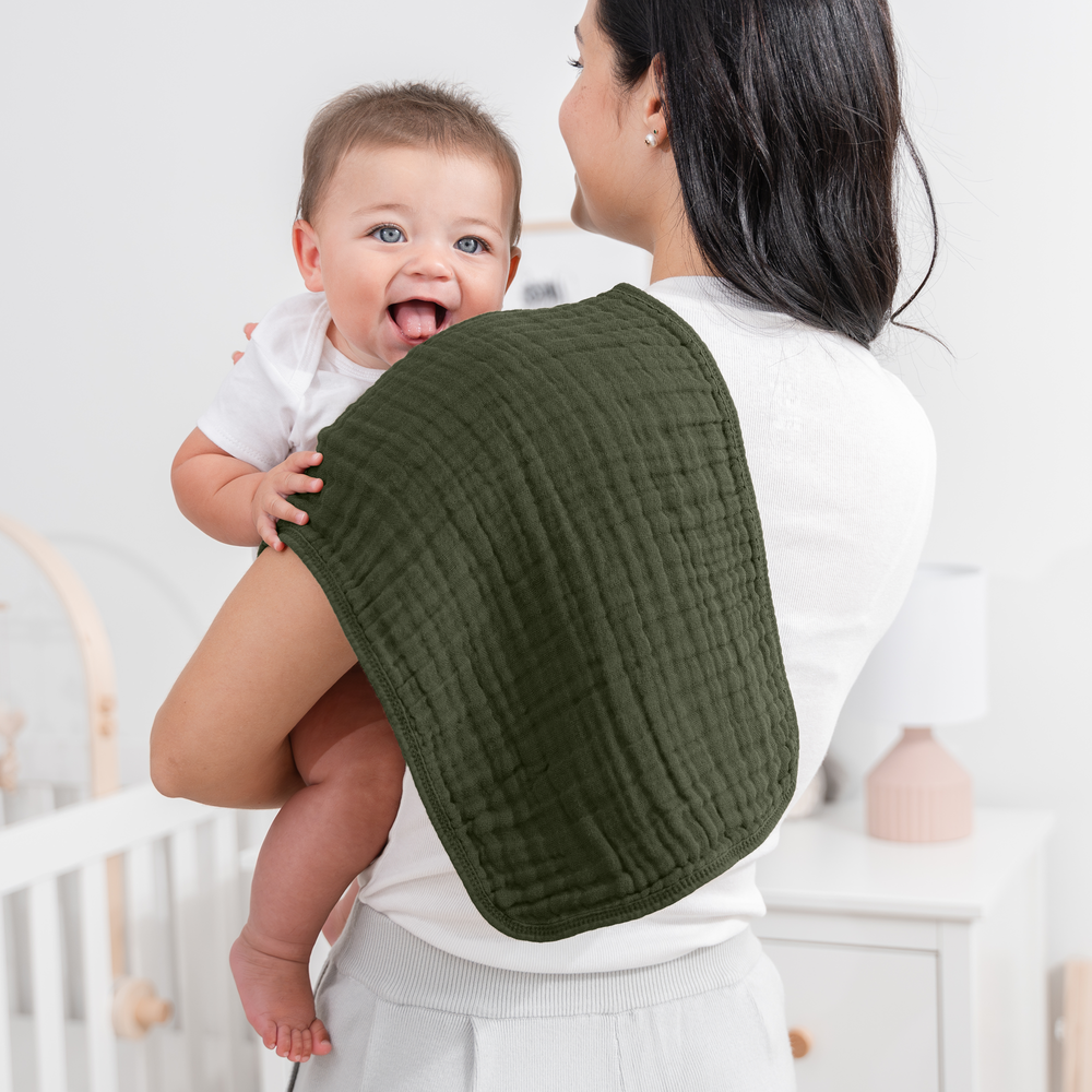 Muslin burp cloths in kelp color, soft and absorbent for baby feeding and burping needs.