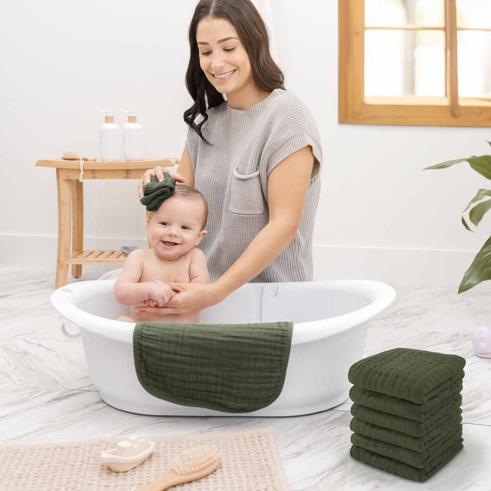 Muslin washcloths in kelp color for babies, soft and absorbent for gentle cleaning.