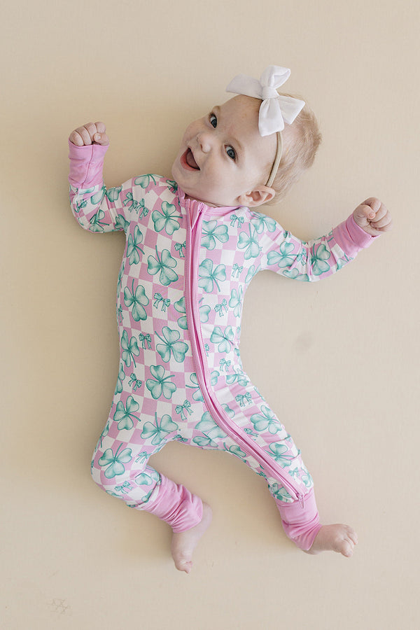 Bamboo Zip Romper in Shamrock & Bows design, showcasing angle 5 for a stylish baby outfit.