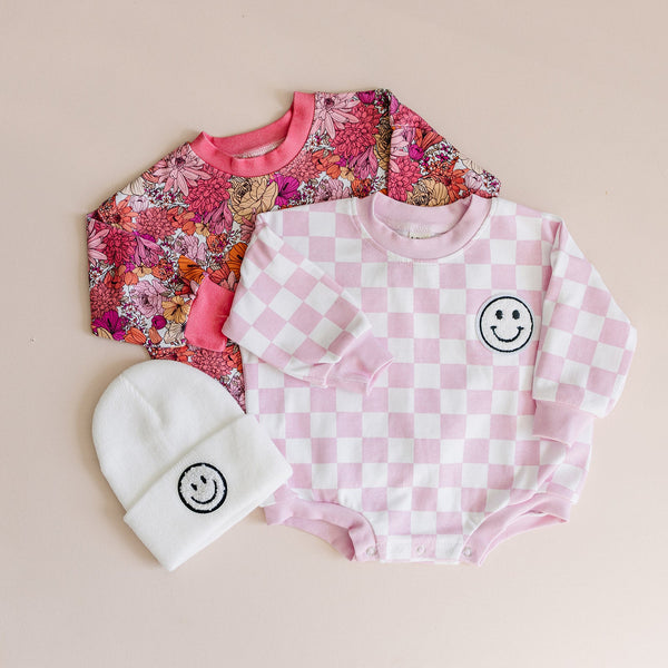 Bubble Romper | Checkered Smiley Pink
