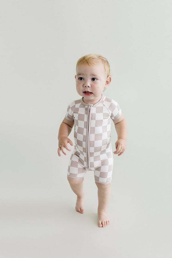 Bamboo Shorty Romper | Latte Checkered