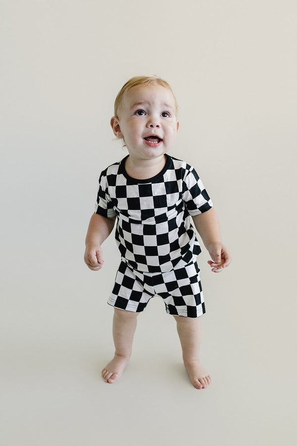 Bamboo Two Piece Shorts Set | Black Checkered