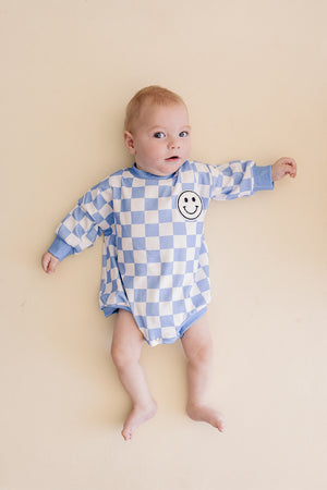 Bubble Romper | Checkered Smiley Blue