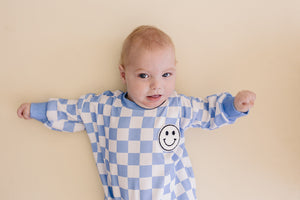 Bubble Romper | Checkered Smiley Blue