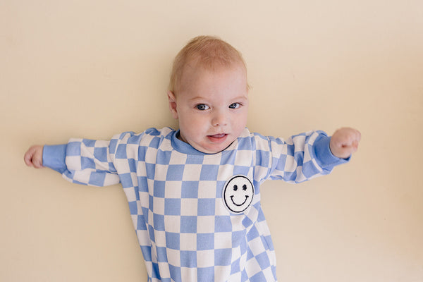 Bubble Romper | Checkered Smiley Blue