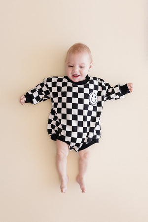 Bubble Romper | Checkered Smiley Black