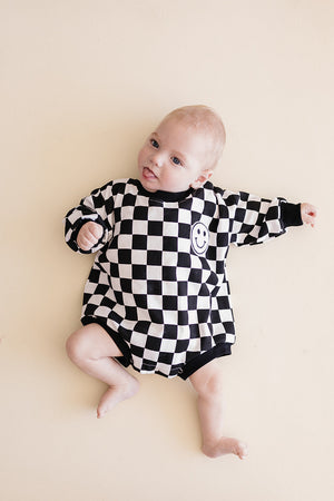 Bubble Romper | Checkered Smiley Black