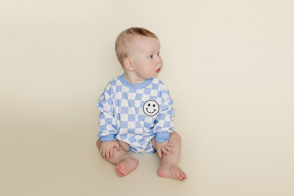 Bubble Romper | Checkered Smiley Blue