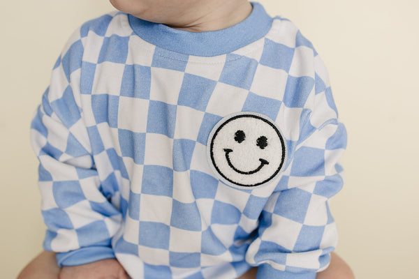Bubble Romper | Checkered Smiley Blue