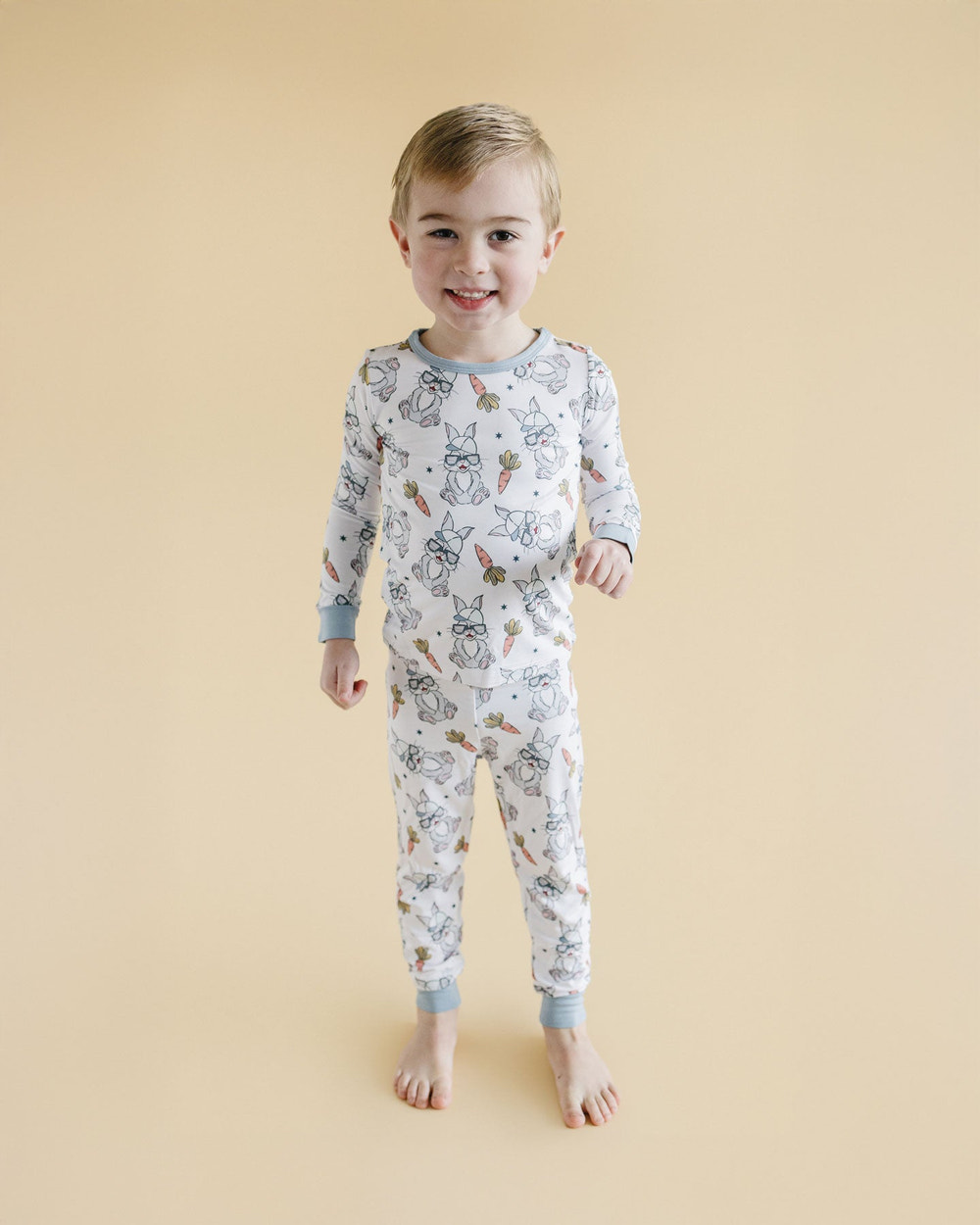 Bamboo two-piece romper set featuring Rad Bunny design for babies. Soft, eco-friendly, and stylish.