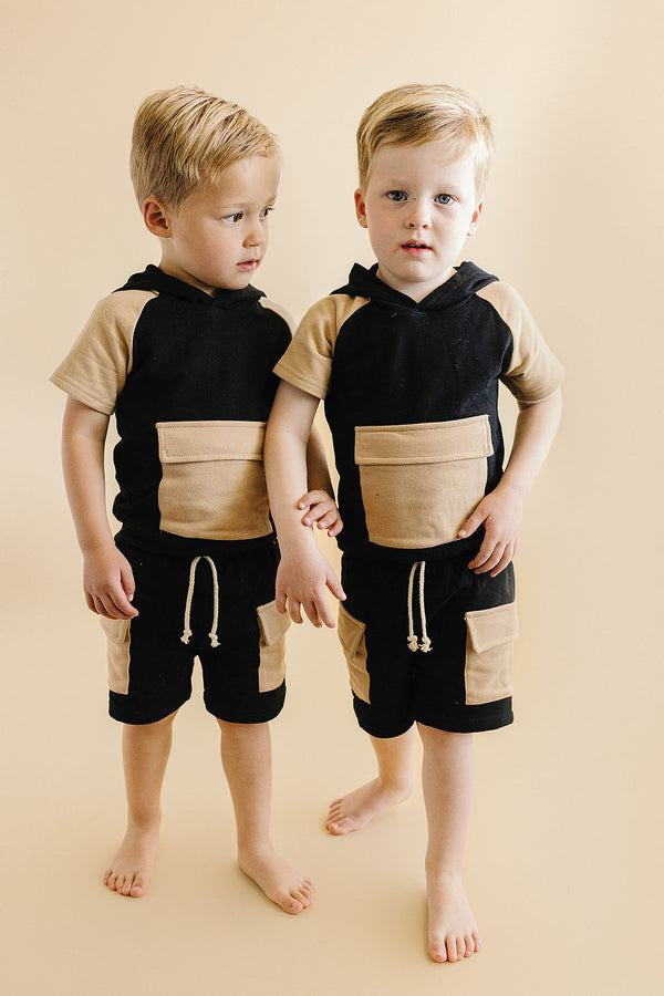Terry Cargo Shorts Set | Black & Tan