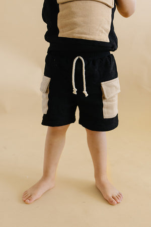 Terry Cargo Shorts Set | Black & Tan