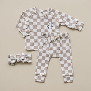 Checkered Smiley Lounge Set | Latte - MOOGCO Baby