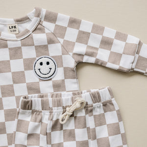 Checkered Smiley Lounge Set | Latte - MOOGCO Baby