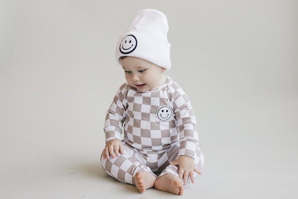 Checkered Smiley Lounge Set | Latte - MOOGCO Baby