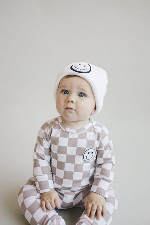 Checkered Smiley Lounge Set | Latte - MOOGCO Baby