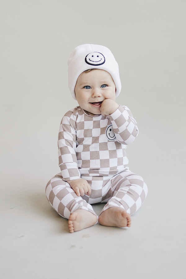 Checkered Smiley Lounge Set | Latte - MOOGCO Baby