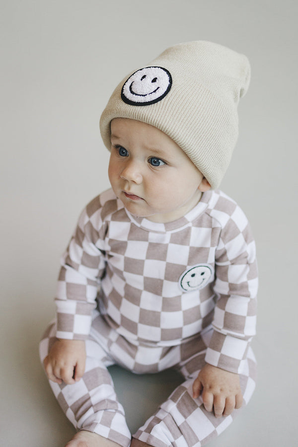 Checkered Smiley Lounge Set | Latte - MOOGCO Baby
