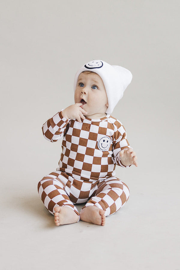 Checkered Smiley Lounge Set | Copper - MOOGCO Baby