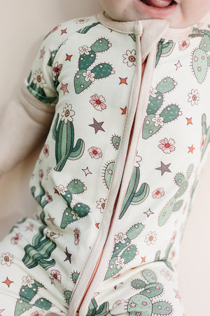 Bamboo shorty romper with cactus flowers design, angle 4 view, perfect for stylish baby outfits.