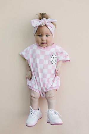 Short Sleeve Bubble Romper | Checkered Smiley Pink