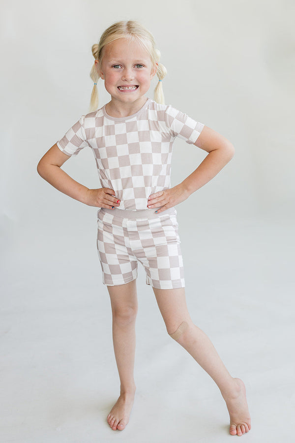 Bamboo Two Piece Shorts Set | Latte Checkered - MOOGCO Baby