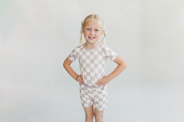 Bamboo Two Piece Shorts Set | Latte Checkered - MOOGCO Baby