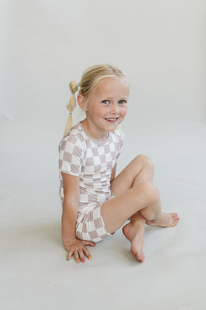 Bamboo Two Piece Shorts Set | Latte Checkered - MOOGCO Baby