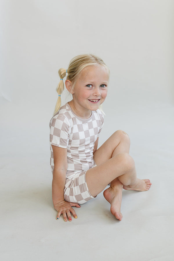 Bamboo Two Piece Shorts Set | Latte Checkered - MOOGCO Baby