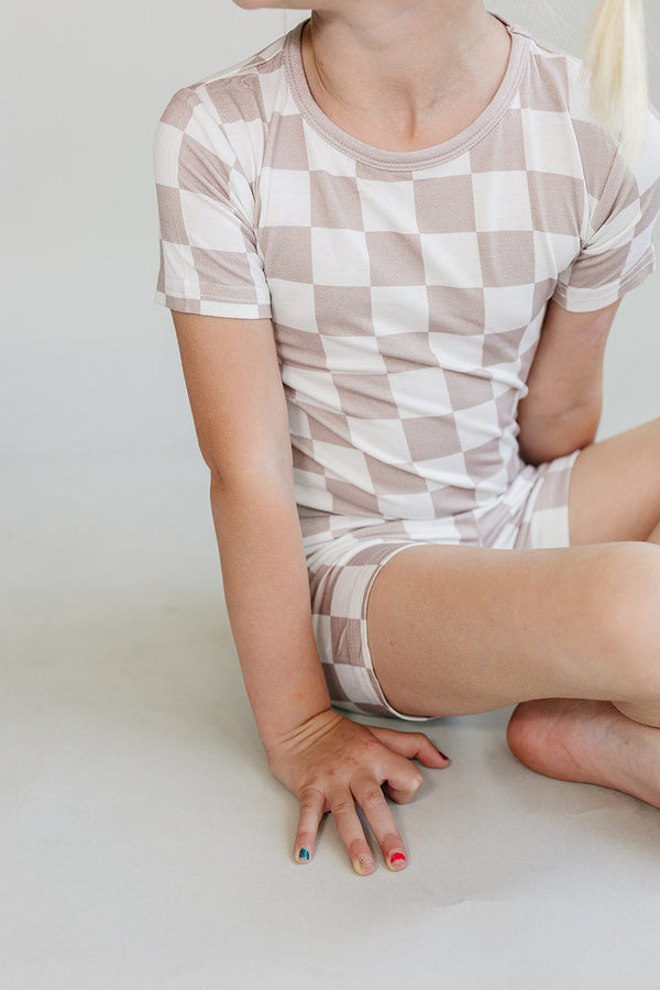Bamboo Two Piece Shorts Set | Latte Checkered - MOOGCO Baby
